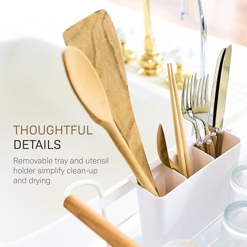 YAMAZAKI Home Dish Drying Rack – Modern White Dish Rack for Kitchen Counter with Removable Drying Tray and Cutlery Holder, Steel + Wood Dish Drying Organizer - Steel + Wood - | Modern dish drying rack organizer with steel and wood construction. Small spa…