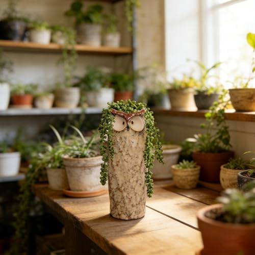 GeLive Blue Owl Ceramic Succulent Planter with Drainage Hole Animal Plant Pot Tabletop Decoration Vase Window Box Indoor Outdoor Decor (Blue)