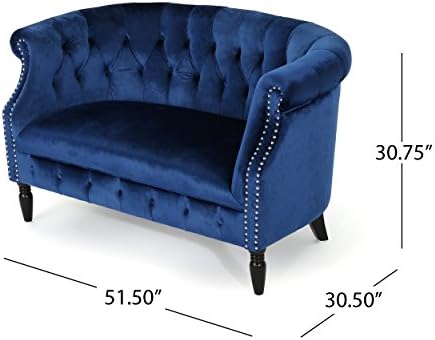 Christopher Knight Home Milani Tufted Scroll Arm Velvet Loveseat, Navy Blue / Dark Brown