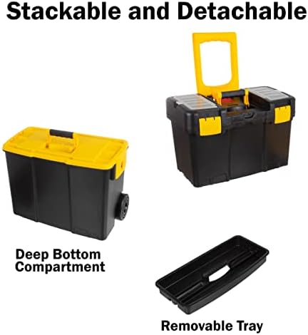 Portable Tool Box on Wheels - Stackable 3-in-1 Chest for Workshops and Craft Rooms - Foldable Comfort Handle and Latches by Stalwart (Black/Yellow)