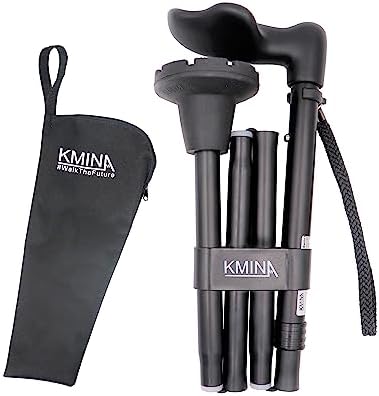 KMINA Folding Walking Cane for Women and Men, Palm Grip, Right Hand, Black