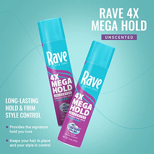 rave 4X Mega Unscented Aerosol Hairspray - Hair Spray for High Humidity Weather - 24-Hour Lasting Hold - Vitamin-Enhanced Hair Volume Spray - 11 oz