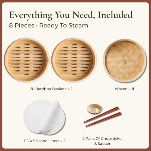 HAPPI STUDIO Bamboo Steamer Basket 10 Inch, Extra Deep Dumpling Steamer Set