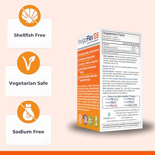 INVIGOFLEX® GS - Glucosamine Sulfate (Shellfish Free, Sodium Free & Vegetarian Safe) Non GMO, Gluten Free - with Boswellia Serrata - Knees, Hands, Back, and Hip Premium Joint Supplement