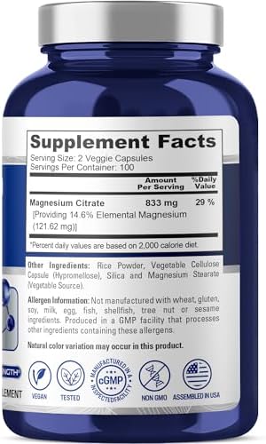 Magnesium Citrate, Non-GMO, Vegan, 833mg, 200 Veg Capsules - 100 Servings | Mineral Formulation, 14.6% Elemental Magnesium Citrate