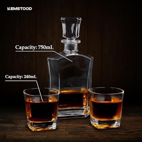 Kemstood Whiskey Decanter Sets for Men - Etched World Globe Design with Wood Stand & 2 Glass - Ideal for Dignified Drinking, Home Decor - Unique Whiskey Gifts for Men - 28 oz / 850 ml Capacity