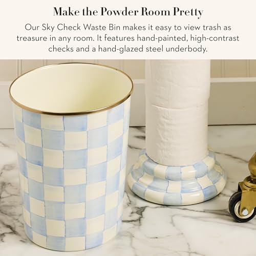 MACKENZIE-CHILDS Waste Bin, Black-and-White Courtly Check | Hand-painted design, made from enameled steel, decorative bedroom or bathroom trash can, 8" dia. x 9.5" H