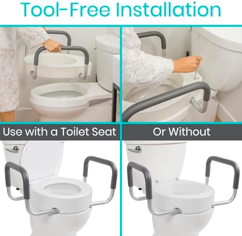 Vive Raised Toilet Seat Riser for Seniors (with Handles) - Handicap Rail | Grab Bar Seat for Over Toilet - Elevated Safety for Elderly, Disabled, Medical - Elongated