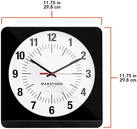 MARATHON Jumbo 12 Inch Analog Wall Clock with Warm Amber Auto Backlight, Silent Smooth Sweep (Black Case/White Dial - Commercial Edition)