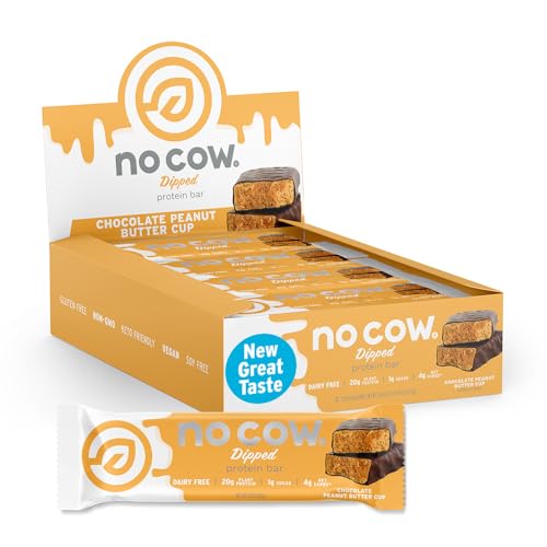 No Cow Peanut Butter Chocolate Chip Vegan Protein Bars, 12 Pack | 20g High Plant-Based Protein, High Fiber, Low Sugar, Gluten-Free, Dairy-Free, Soy-Free, Keto-Friendly Snack Bars