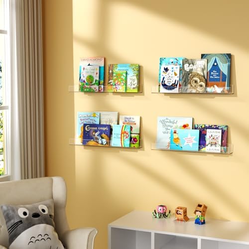 NIUBEE 24”Acrylic Floating Bookshelves for Kids Wall Shelves 2 Packs | Premium Acrylic 50% Thicker with Screwdriver Clear Bathroom Extra-Large Storage Shelves Display Organizer