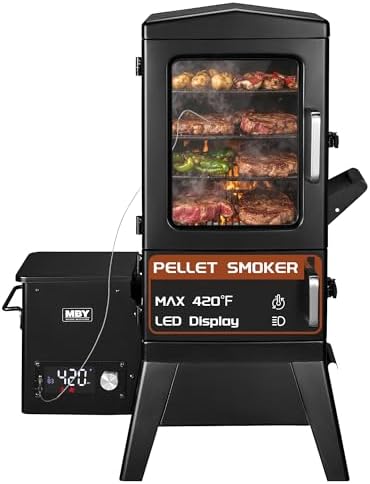 Electric Pellet Smoker with Rainproof Cover, Vertical Wood Pellet Smokers Grill With Hook Meat Probe LED Display Temperature Control