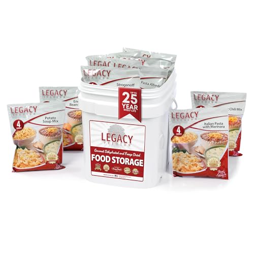 Legacy Food Storage 32 Serving Emergency Food Supply Bucket, 8 Entrees, 12,440 Total Calories, Shelf Stable Lunch & Dinner, Freeze Dried Survival Meals for MRE Camping, Hiking, Prepping