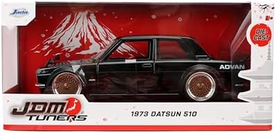 Jada Toys JDM Tuners 1:24 Scale Die-Cast 1973 Datsun 510 – Opening Doors, Detailed Interior, Rubber Tires, Collectible for Ages 8+(Gloss Black)