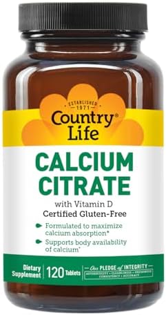 Country Life Calcium Citrate with Vitamin D – 500mg – Highly Absorbable Calcium Supplement – Certified Gluten Free, Vegan, Halal, Non-GMO – 120 Tablets