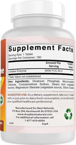 Best Naturals Fast Acting Lactase Enzyme Tablet, 3000 Fcc Alu, 180 Count (859375002900)