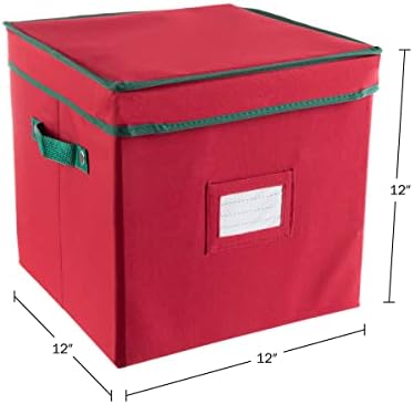 Christmas Decor Storage Box - Red Oxford Canvas Ornament Cube Chest With 64 Compartment Dividers, Riveted Handles, and Lid by Elf Stor