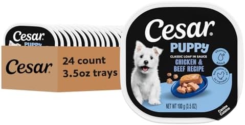 Cesar Puppy Classic Loaf Wet Dog Food, Chicken & Beef, 3.5 oz, 24 Count | Real chicken #1 ingredient, made in USA, no fillers or artificial flavors, essential nutrients, slow-cooked, easy peel trays