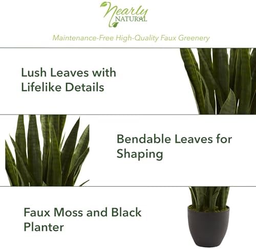 Nearly Natural 35 in Artificial Sansevieria Plant with Black Planter | Artificial Snake Plant, Faux Greenery, Indoor Home and Office Decor
