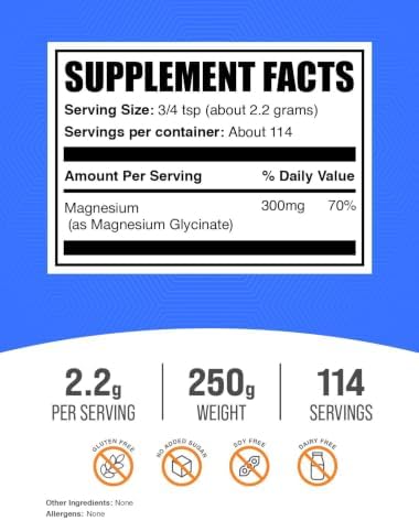 BulkSupplements.com Magnesium Glycinate Powder - Magnesium Glycinate 300mg, Highly Absorbable - Gluten Free, 2.2g per Serving, 500g (1.1 lbs) (Pack of 1)