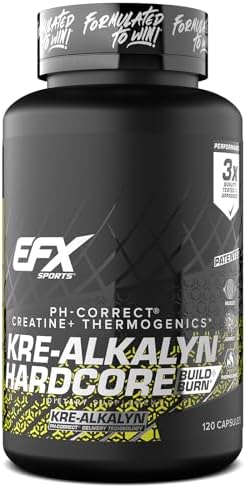 EFX Sports Kre-Alkalyn Hardcore | Thermogenic pH Correct Creatine Monohydrate Pill Supplement | Energy & Strength Pre Workout | 40 Servings, 120 Capsules