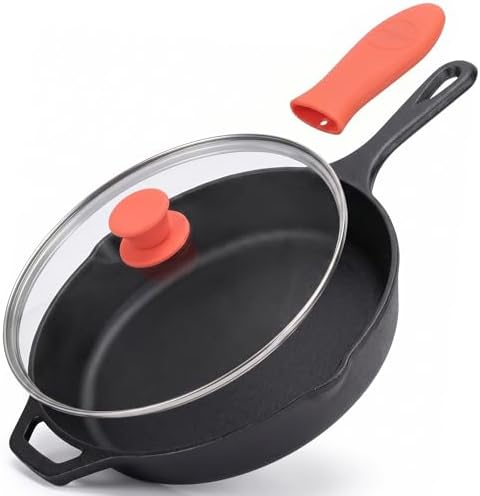 NutriChef 10 Inch Cast Iron Skillet with Lid - Pre-Seasoned Small Fry Pan with Side Drip Spout and Silicone Handle
