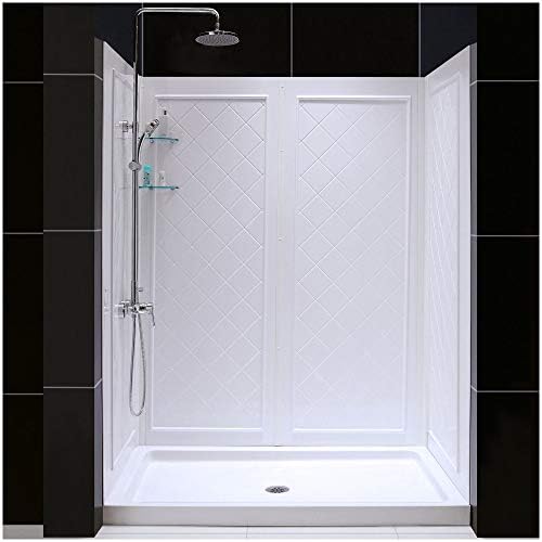 DreamLine 32 in. D x 60 in. W x 76 3/4 in. H Left Drain Acrylic Shower Base and QWALL-5 Backwall Kit In White, DL-6190L-01