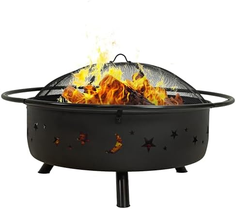 Sunnydaze Cosmic 42" Large Outdoor Fire Pit, Wood Burning, 34" Bowl Dia | Bronze, Heavy Duty Steel Metal, Includes Spark Screen, Wood Grate, & Poker, Round Backyard Firepit for Outside, Patio, Deck