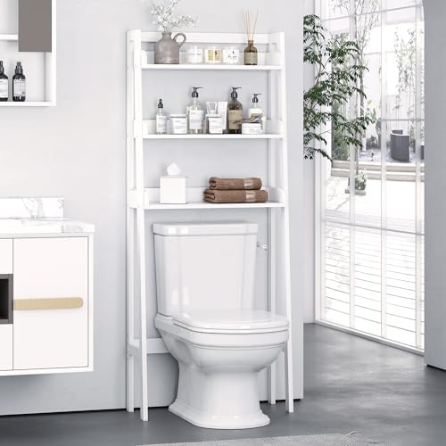 UTEX Over The Toilet Storage Shelf, 3-Tier Bathroom Organizer, White | FSC-Certified MDF, Open Ladder Design, Adjustable Lower Crossbar, Anti-tip Hardware, 33-Inch Clearance, Raised Side Guards