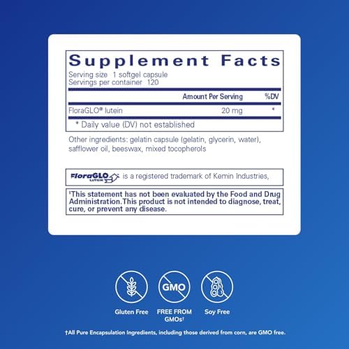 Pure Encapsulations Lutein 20 mg | Hypoallergenic Antioxidant Support for Healthy Visual Function* | 60 Softgel Capsules | Hypoallergenic Antioxidant Support for Healthy Visual Function*, Macular Health