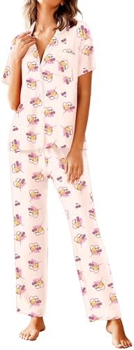 Avidlove Women Pajamas Set Notch Collar Soft Sleepwear Pjs Short Sleeve Button Down Nightwear with Long Pants