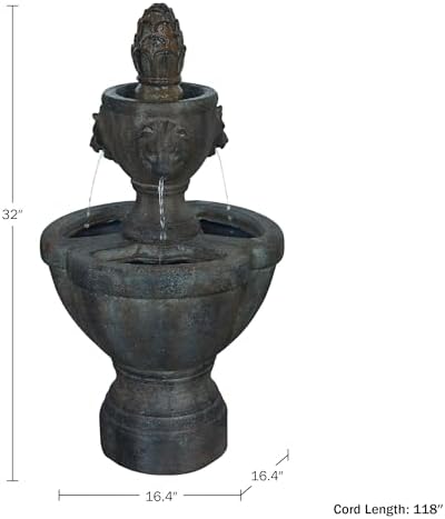 Outdoor Fountain – Polyresin 2-Tier Water Feature with Lion Head Details and Realistic Stone Appearance – Yard Art with Soothing Sound by Pure