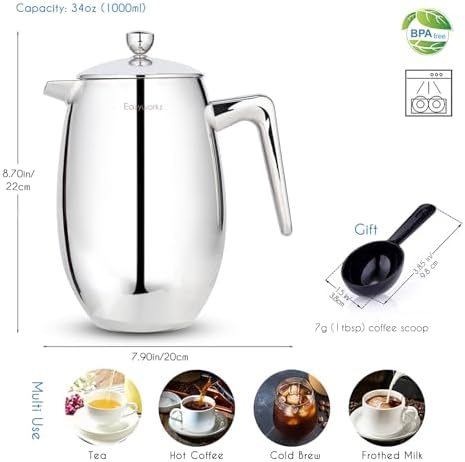 Easyworkz Nando French Press 23 oz Double Wall Insulated Thermal Coffee Maker,304 Stainless Steel Cafetiere