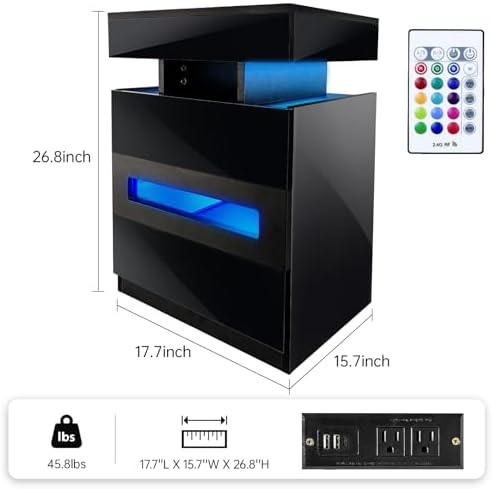 Night Stand with Gun Drawer, Modern Nightstand with Led Lights and Hidden Compartment