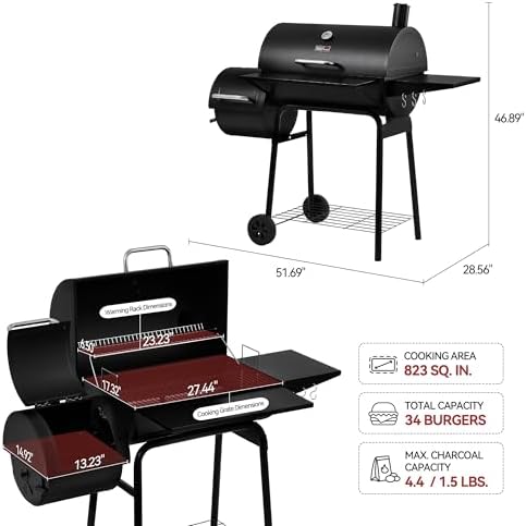 Royal Gourmet CC1830S BBQ Charcoal Grill and Offset Smoker | 823 Square Inch cooking surface, Outdoor for Camping | Black