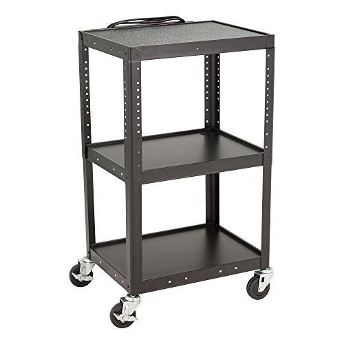 Norwood Commercial Furniture Adjustable Height Metal AV Cart with Electric Power Cord, Black