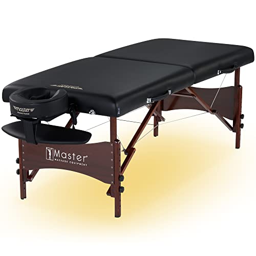 Master Massage Newport Portable Massage Table Package with Denser 2.5" Cushion, Walnut Stained Hardwood, Steel Support Cables, Pillows & Accessories, Black, 30"