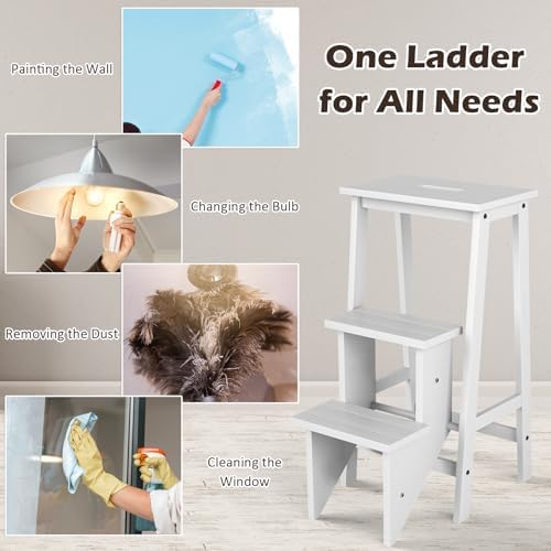 Costzon Folding 3 Step Stool, 3 in 1 Wooden Step Ladder with Handle, Non-Slip Pedal, Multifunctional Storage Shelf, Flower Rack for Kitchen, Library, Garage, Foldable Step Stool for Adults Kids