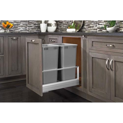 Rev-A-Shelf Double 50 Qt Pull Out Trash Can w/Soft-Close for Base Kitchen Cabinets, Min Opening Width of 15.75", Silver, 5149-2150DM-217