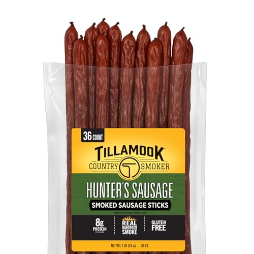 Tillamook Country Smoker Hunter’s Sausage Smoked Sausage, 16 Oz, 36 Ct, Bulk Pack, Real Hardwood Smoked Beef Meat Sticks, 8g Protein