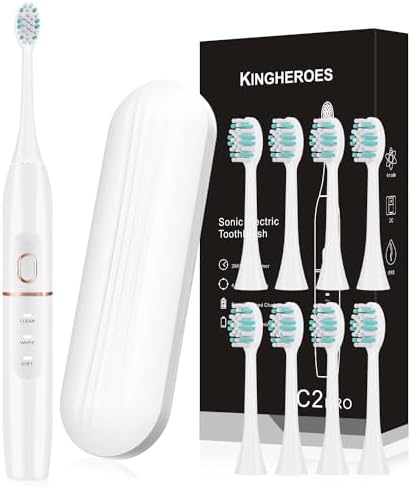 kingheroes Electric Toothbrush Set, Comes with 8 Brush Heads & Travel Case, 4 Modes with 2 Minutes Built in Smart Timer, One Charge for 60 Days