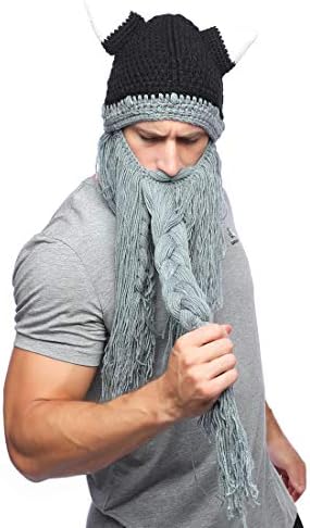 Kafeimali Men's Head Barbarian Vagabond Beanie Original Foldaway Beard Hats Halloween Viking Horns Bearded Caps