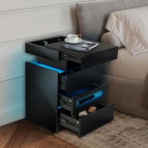 Night Stand with Gun Drawer, Modern Nightstand with Led Lights and Hidden Compartment