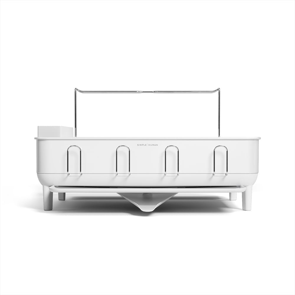 simplehuman Steel Frame Dishrack, Large Capacity Dish Drying Rack, 360º Easy Drain Swivel Spout, Utensil & Wine Glass Holder, Anti-Residue Coating