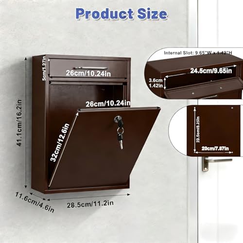 KYODOLED Steel Key Lock Mail Boxes Outdoor, Locking Wall Mount Mailbox, Security Lock Drop Box, Collection Boxes for Home, Office or Commercial,16.2H x 11.2L x 4.6W Inches, Black X Large