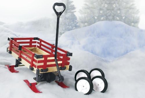 Millside Convertible Wood Wagon Cart with 4 Flat-Free Tires and Sleigh Runners for Outdoor Hauling Through Snow, Red, 16" x 34"
