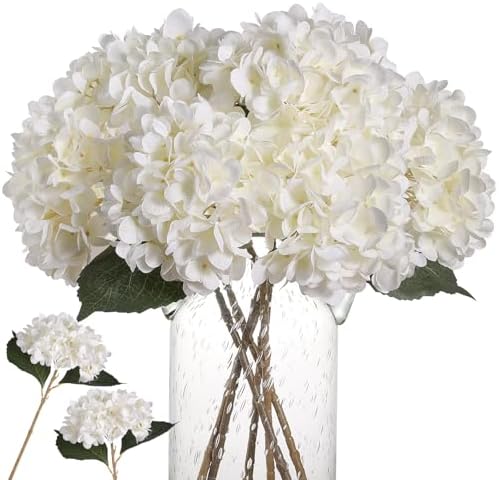 Kisflower 6pcs White Hydrangea Artificial Flowers - Faux Hydrangea Flowers, Fake Silk Flowers for Table Centerpiece