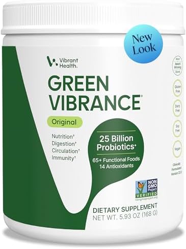 Vibrant Health, Green Vibrance, Includes 65 Plant-Based Superfoods, 25 Billion Probiotics, Fiber, Adaptogens & Enzymes, 30 Servings