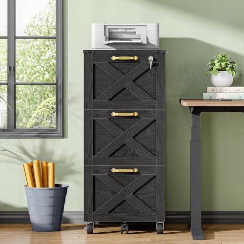 HOOBRO 3 Drawer File Cabinet with Lock, Mobile Filing Cabinet for Home Office, Wooden Farmhouse Office Storage Cabinet, Printer Stand Fits Letter and A4 Size, Walnut and White WH93WJ01G1
