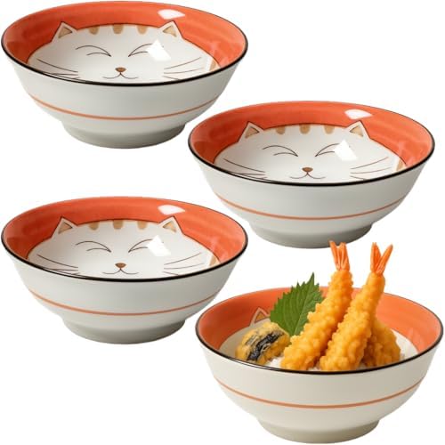 JapanBargain Set of 2 Japanese Porcelain Bowls, Large 7.5 Inch Ramen Udon Noodle Rice Soup Pho Poke Cereal Bowl, Maneki Neko Smiling Lucky Cat Pattern